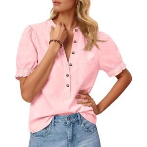 imageCicy Bell Womens Puff Short Sleeve Blouses Summer Casual Half Button Down Collared Shirts Cotton Loose Fit Work TopsPink