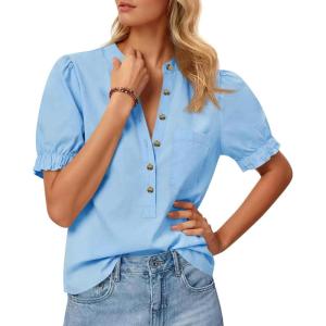 imageCicy Bell Womens Puff Short Sleeve Blouses Summer Casual Half Button Down Collared Shirts Cotton Loose Fit Work TopsSky Blue