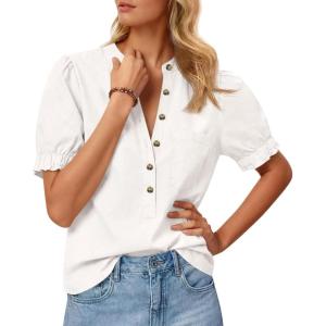 imageCicy Bell Womens Puff Short Sleeve Blouses Summer Casual Half Button Down Collared Shirts Cotton Loose Fit Work TopsWhite