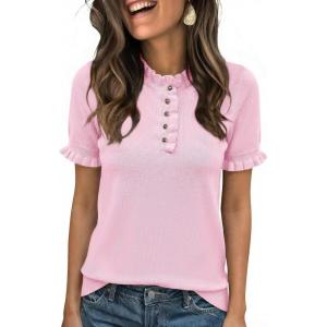 imageCicy Bell Womens Puff Short Sleeve Sweater Tops Ruffle Henley Neck Spring Summer Pullover Dressy Casual Knit ShirtsPink