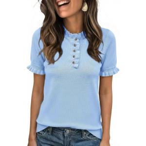 imageCicy Bell Womens Puff Short Sleeve Sweater Tops Ruffle Henley Neck Spring Summer Pullover Dressy Casual Knit ShirtsSky Blue