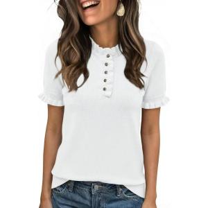 imageCicy Bell Womens Puff Short Sleeve Sweater Tops Ruffle Henley Neck Spring Summer Pullover Dressy Casual Knit ShirtsWhite