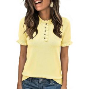 imageCicy Bell Womens Puff Short Sleeve Sweater Tops Ruffle Henley Neck Spring Summer Pullover Dressy Casual Knit ShirtsYellow