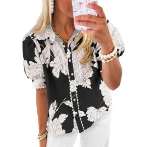 imageCicy Bell Womens Puff Sleeve Button Down Shirts Floral Print Summer Casual Tops Boho Loose Fit Collared BlouseBlack