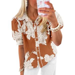 imageCicy Bell Womens Puff Sleeve Button Down Shirts Floral Print Summer Casual Tops Boho Loose Fit Collared BlouseBrown