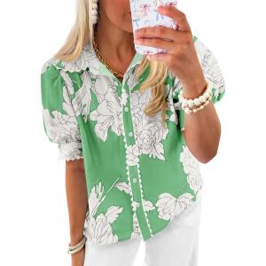 imageCicy Bell Womens Puff Sleeve Button Down Shirts Floral Print Summer Casual Tops Boho Loose Fit Collared BlouseGreen
