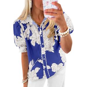 imageCicy Bell Womens Puff Sleeve Button Down Shirts Floral Print Summer Casual Tops Boho Loose Fit Collared BlouseNavy
