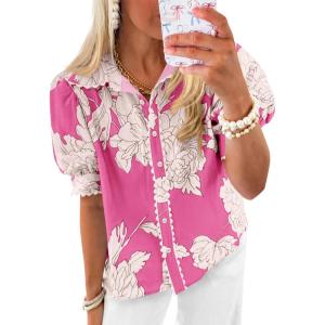 imageCicy Bell Womens Puff Sleeve Button Down Shirts Floral Print Summer Casual Tops Boho Loose Fit Collared BlousePink