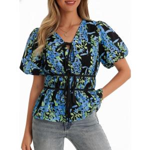 imageCicy Bell Womens Puff Sleeve Tie Front Tops Summer Babydoll Peplum V Neck Blouse Casual Dressy Pleated Floral Print ShirtsBlack