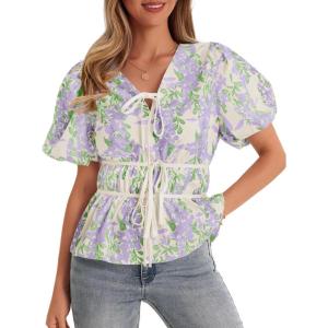imageCicy Bell Womens Puff Sleeve Tie Front Tops Summer Babydoll Peplum V Neck Blouse Casual Dressy Pleated Floral Print ShirtsLight Purple