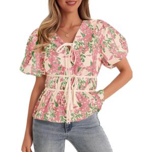 imageCicy Bell Womens Puff Sleeve Tie Front Tops Summer Babydoll Peplum V Neck Blouse Casual Dressy Pleated Floral Print ShirtsPink
