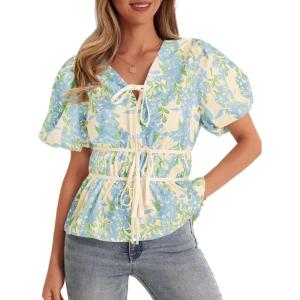 imageCicy Bell Womens Puff Sleeve Tie Front Tops Summer Babydoll Peplum V Neck Blouse Casual Dressy Pleated Floral Print ShirtsSky Blue
