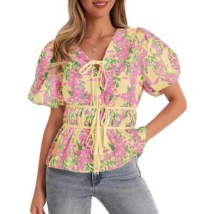 imageCicy Bell Womens Puff Sleeve Tie Front Tops Summer Babydoll Peplum V Neck Blouse Casual Dressy Pleated Floral Print ShirtsYellow