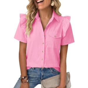 imageCicy Bell Womens Ruffle Button Down Shirts Dressy Casual Short Puff Sleeve Cotton Tops Summer Loose Fit V Neck BlousesPink