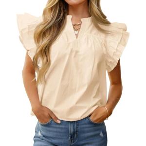 imageCicy Bell Womens Ruffle Cap Sleeve Blouses V Neck Dressy Casual Tops Summer Sleeveless Cotton ShirtsBeige