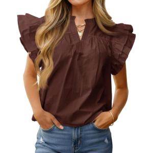 imageCicy Bell Womens Ruffle Cap Sleeve Blouses V Neck Dressy Casual Tops Summer Sleeveless Cotton ShirtsBrown