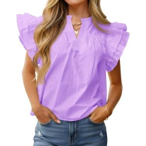 imageCicy Bell Womens Ruffle Cap Sleeve Blouses V Neck Dressy Casual Tops Summer Sleeveless Cotton ShirtsPurple