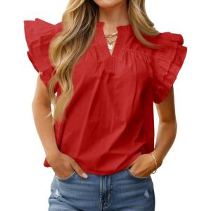 imageCicy Bell Womens Ruffle Cap Sleeve Blouses V Neck Dressy Casual Tops Summer Sleeveless Cotton ShirtsRed