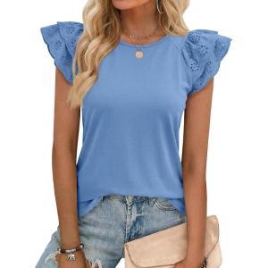 imageCicy Bell Womens Ruffle Cap Sleeve TShirts Dressy Casual Summer Lace Tank Tops Crewneck Cute Basic TeeBlue