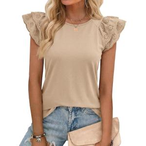 imageCicy Bell Womens Ruffle Cap Sleeve TShirts Dressy Casual Summer Lace Tank Tops Crewneck Cute Basic TeeKhaki