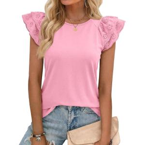 imageCicy Bell Womens Ruffle Cap Sleeve TShirts Dressy Casual Summer Lace Tank Tops Crewneck Cute Basic TeePink