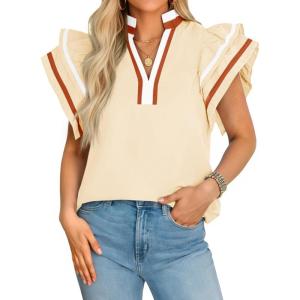 imageCicy Bell Womens Ruffle Cap Sleeve Tops Color Block V Neck Dressy Casual Blouses Summer Pleated Loose Fit ShirtsBeige