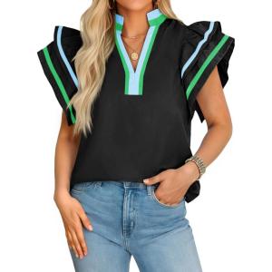imageCicy Bell Womens Ruffle Cap Sleeve Tops Color Block V Neck Dressy Casual Blouses Summer Pleated Loose Fit ShirtsBlack