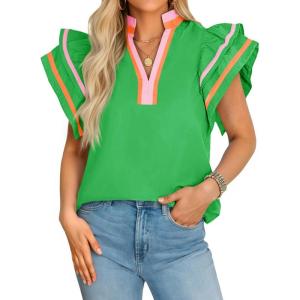 imageCicy Bell Womens Ruffle Cap Sleeve Tops Color Block V Neck Dressy Casual Blouses Summer Pleated Loose Fit ShirtsGreen