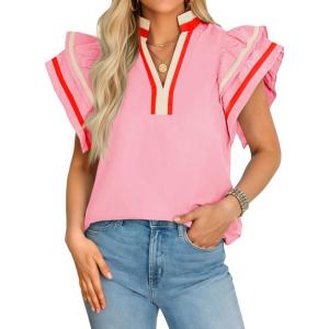 imageCicy Bell Womens Ruffle Cap Sleeve Tops Color Block V Neck Dressy Casual Blouses Summer Pleated Loose Fit ShirtsPink