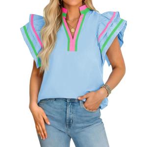 imageCicy Bell Womens Ruffle Cap Sleeve Tops Color Block V Neck Dressy Casual Blouses Summer Pleated Loose Fit ShirtsSky Blue
