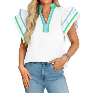imageCicy Bell Womens Ruffle Cap Sleeve Tops Color Block V Neck Dressy Casual Blouses Summer Pleated Loose Fit ShirtsWhite