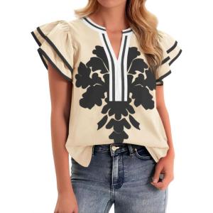 imageCicy Bell Womens Ruffle Color Block Blouses Summer Casual V Neck Floral Print Tank Tops Pleated Loose Fit ShirtsBeige