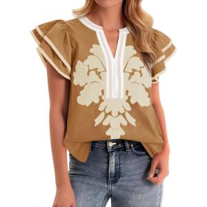imageCicy Bell Womens Ruffle Color Block Blouses Summer Casual V Neck Floral Print Tank Tops Pleated Loose Fit ShirtsBrown