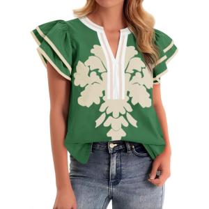 imageCicy Bell Womens Ruffle Color Block Blouses Summer Casual V Neck Floral Print Tank Tops Pleated Loose Fit ShirtsDeep Green