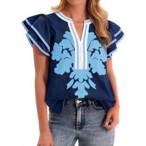 imageCicy Bell Womens Ruffle Color Block Blouses Summer Casual V Neck Floral Print Tank Tops Pleated Loose Fit ShirtsNavy