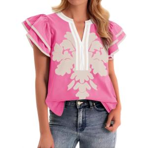 imageCicy Bell Womens Ruffle Color Block Blouses Summer Casual V Neck Floral Print Tank Tops Pleated Loose Fit ShirtsPink