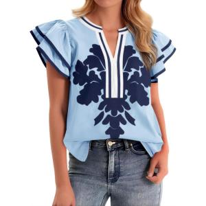 imageCicy Bell Womens Ruffle Color Block Blouses Summer Casual V Neck Floral Print Tank Tops Pleated Loose Fit ShirtsSky Blue