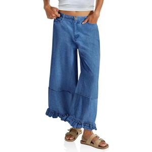 imageCicy Bell Womens Ruffle Wide Leg Jeans Cropped Elastic High Waisted Baggy Denim Pants with PocketsBlue