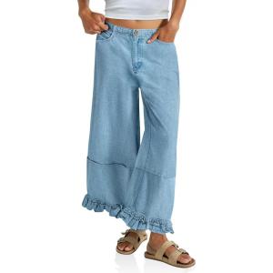 imageCicy Bell Womens Ruffle Wide Leg Jeans Cropped Elastic High Waisted Baggy Denim Pants with PocketsLight Blue