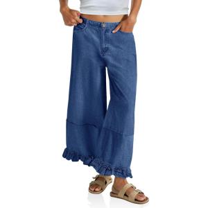 imageCicy Bell Womens Ruffle Wide Leg Jeans Cropped Elastic High Waisted Baggy Denim Pants with PocketsNavy