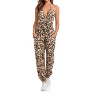 imageCicy Bell Womens Sexy Halter Jumpsuits Casual Deep V Nevk Beach Jogger Long Pants RompersBrown Leopard Print
