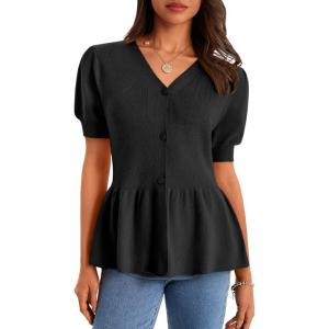 imageCicy Bell Womens Short Puff Sleeve Sweater Cardigan V Neck Summer Button Down Sweaters Peplum Cute Knit Babydoll TopsBlack