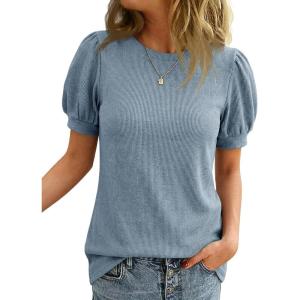 imageCicy Bell Womens Short Puff Sleeve Tops Crew Neck Ribbed Summer TShirts Loose Fit Flowy Tunic BlousesBluish Gray