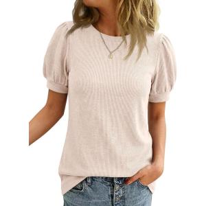 imageCicy Bell Womens Short Puff Sleeve Tops Crew Neck Ribbed Summer TShirts Loose Fit Flowy Tunic BlousesLight Khaki