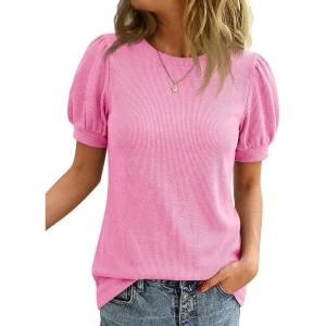 imageCicy Bell Womens Short Puff Sleeve Tops Crew Neck Ribbed Summer TShirts Loose Fit Flowy Tunic BlousesPink