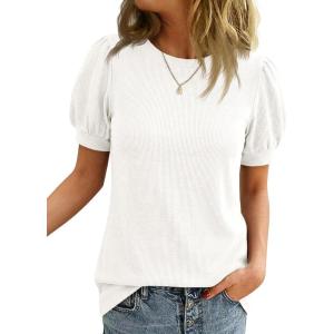 imageCicy Bell Womens Short Puff Sleeve Tops Crew Neck Ribbed Summer TShirts Loose Fit Flowy Tunic BlousesWhite