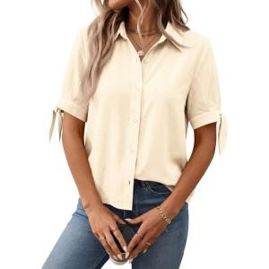 imageCicy Bell Womens Short Sleeve Button Down Shirts Summer Casual Collared Tops Loose Fit Bow BlousesBeige
