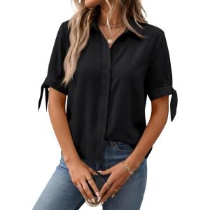 imageCicy Bell Womens Short Sleeve Button Down Shirts Summer Casual Collared Tops Loose Fit Bow BlousesBlack
