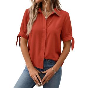 imageCicy Bell Womens Short Sleeve Button Down Shirts Summer Casual Collared Tops Loose Fit Bow BlousesCaramel