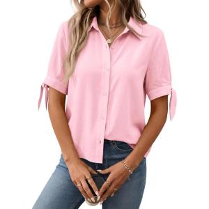 imageCicy Bell Womens Short Sleeve Button Down Shirts Summer Casual Collared Tops Loose Fit Bow BlousesPink